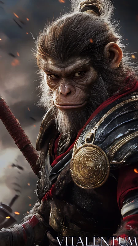 Warrior monkey hero in ornate armor amid embers storm.