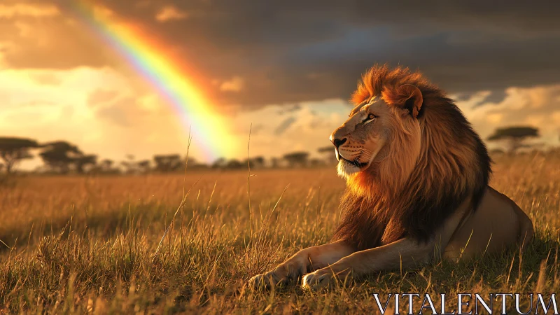 Lion at golden-hour savanna beneath vivid rainbow arc.