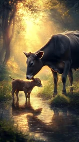 Cow and calf stand in golden forest stream light beams.