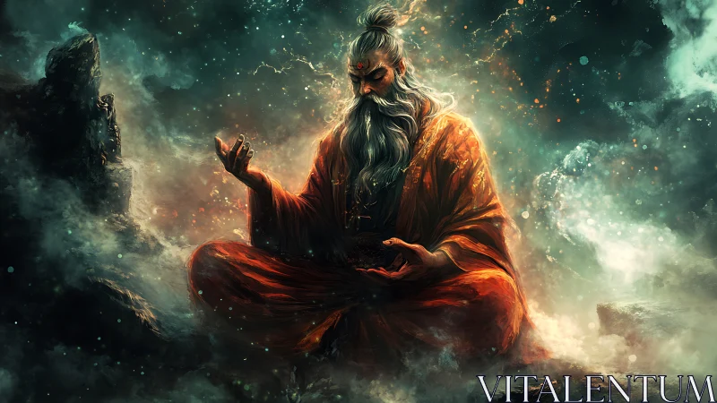 Mystic sage in fiery robes meditates amid swirling astral storm