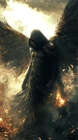 Dark hooded fallen angel with burning wings in ashes