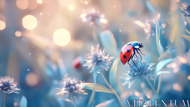 Digital painting of ladybug on pastel meadow bloom at dusk.
