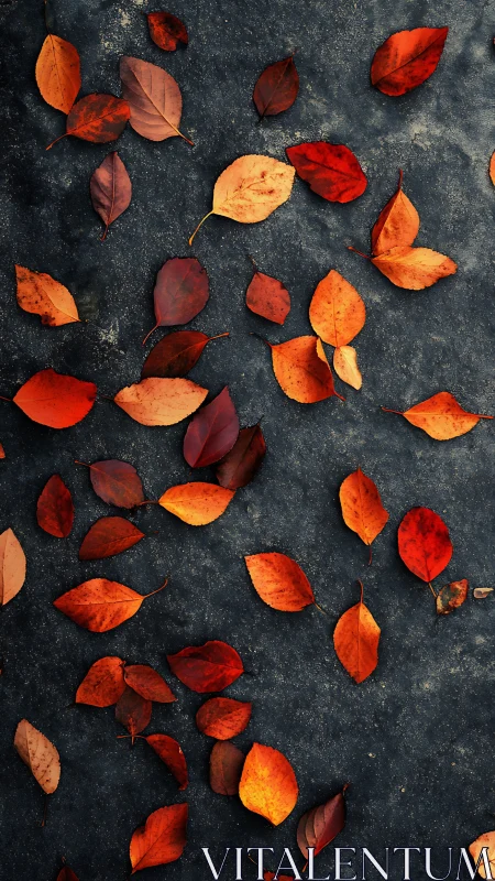 Scattered autumn leaves form warm contrast on dark stone ground