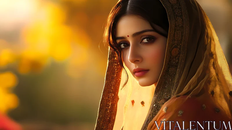 Photorealistic portrait under golden bokeh veil lighting.