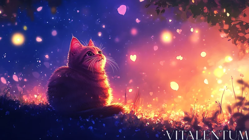 Glowing Cat Gazing Into a Magical Night of Love.