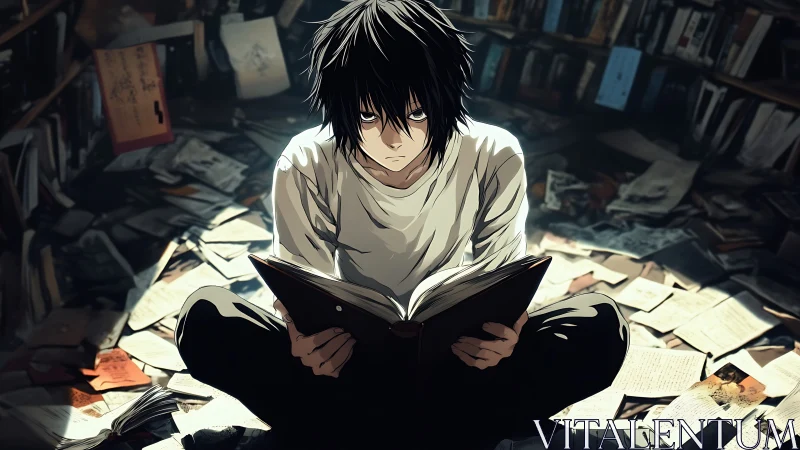 Brooding midnight reader in a storm of scattered pages.