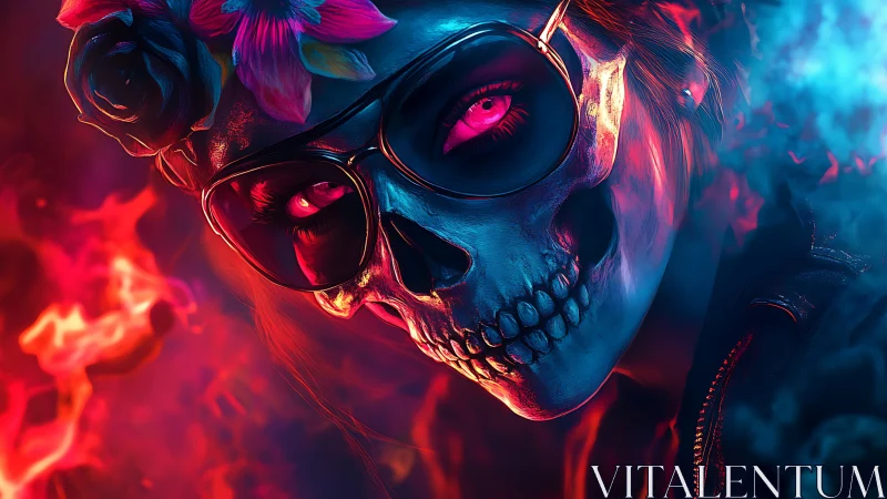 Neon skull queen gazes through flames in electric night.