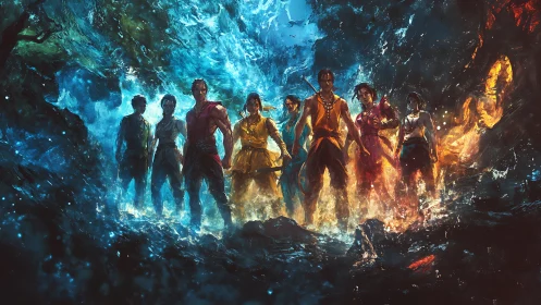 Fantasy heroes stand amid swirling elemental energy.