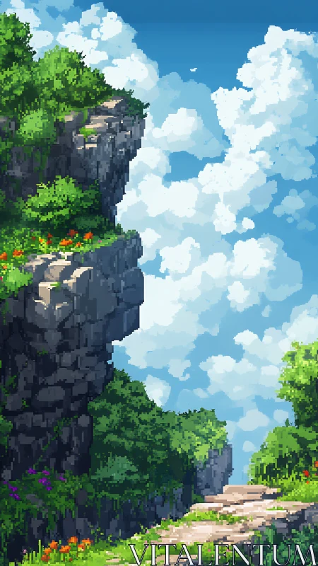 Pixel cliffside path runs beside lush foliage and clouds