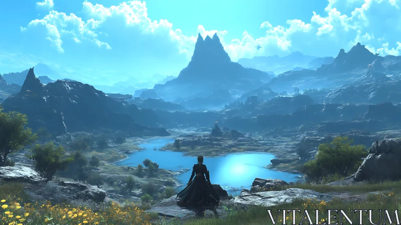 Solitary cloaked figure surveys vast blue-lit fantasy valley