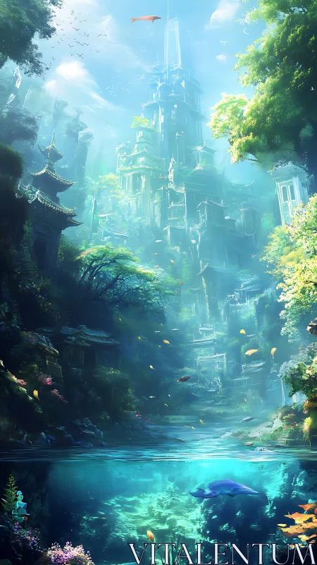 Sunken Skyward City Where Forests Sing Underwater Dreams.