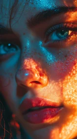 Close human face under blue and orange directional lighting