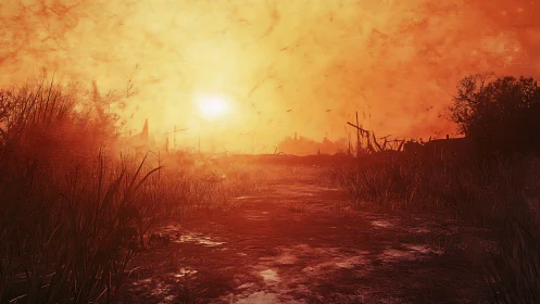 Post-apocalyptic wetlands under scorched sunset atmosphere.