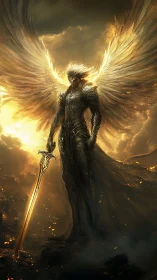 Armored seraphic warrior with flaming sword in volcanic dusk