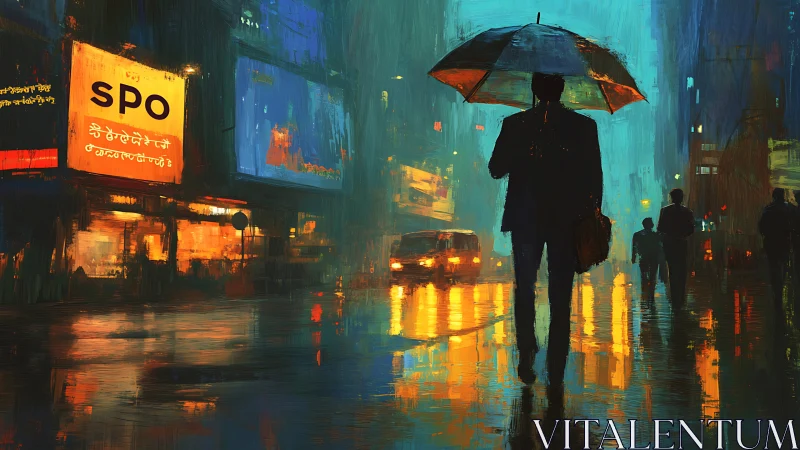 Silhouette holds umbrella on wet street amid illuminated traffic