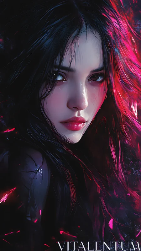 Moody cyberpunk heroine gazes through neon shadows softly