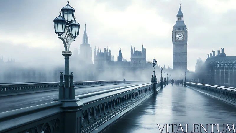 Foggy Westminster Bridge with clock tower at dawn.