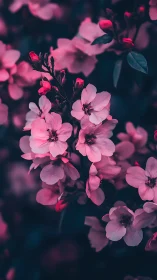 Pink flowers bloom in dark foliage with selective focus lighting
