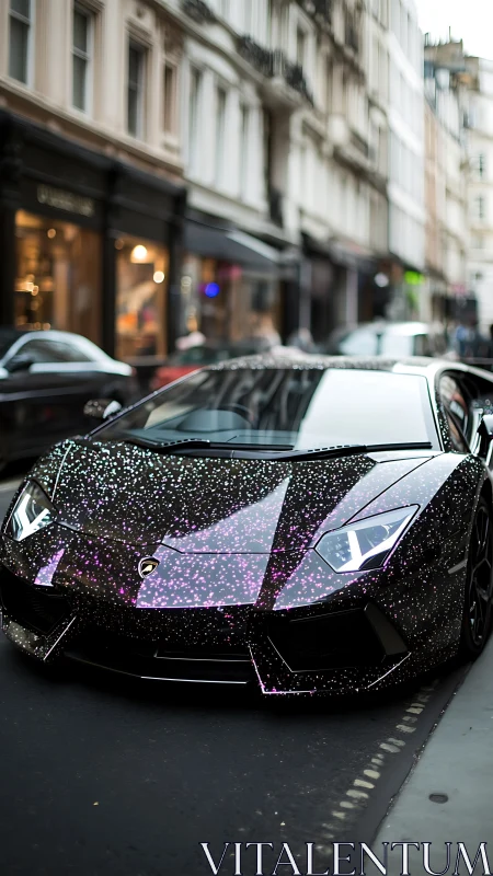 Glitter vinyl supercar parked on narrow European street.