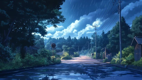 Rainwashed rural road under stormlit evening sky panorama.