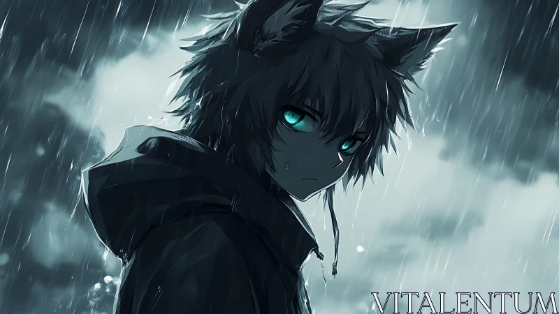 Anthropomorphic youth with wolf ears in steady rainfall.