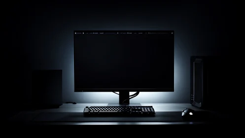 Minimalist workstation monitor in low key studio lighting.