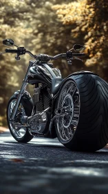 Custom chrome motorcycle waits on a sunlit forest road
