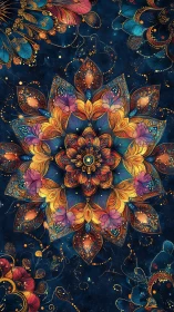Symmetrical floral mandala with layered petals on dark field.
