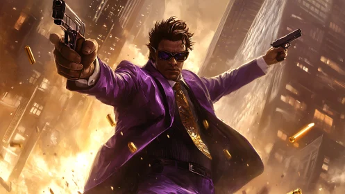 Gun-wielding antihero in purple suit amid blazing city chaos.