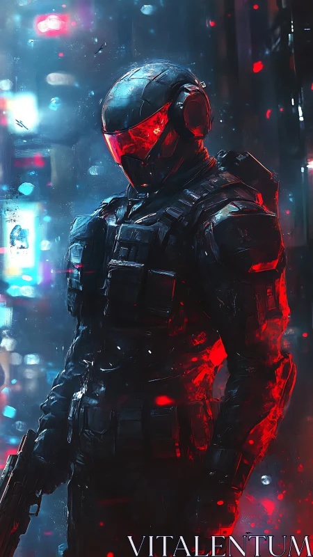 Armored cyber soldier stands amid neon-lit digital storm.