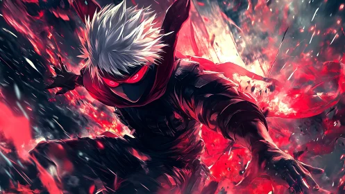 Storm of crimson energy surrounds a masked silver haired ninja