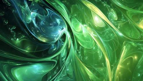 Glowing emerald waves swirl in a dreamy cosmic dance.