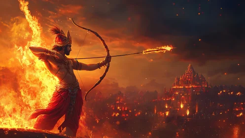 Fiery warrior archer ignites a mythic city under siege.