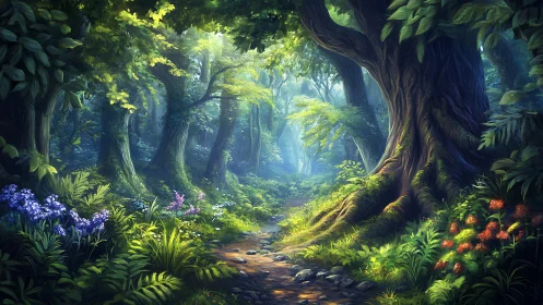 Ancient Forest Pathway with Towering Canopy and Luminous Understory