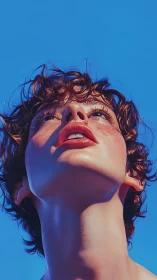 Upward tilted portrait isolates a stylized youthful face