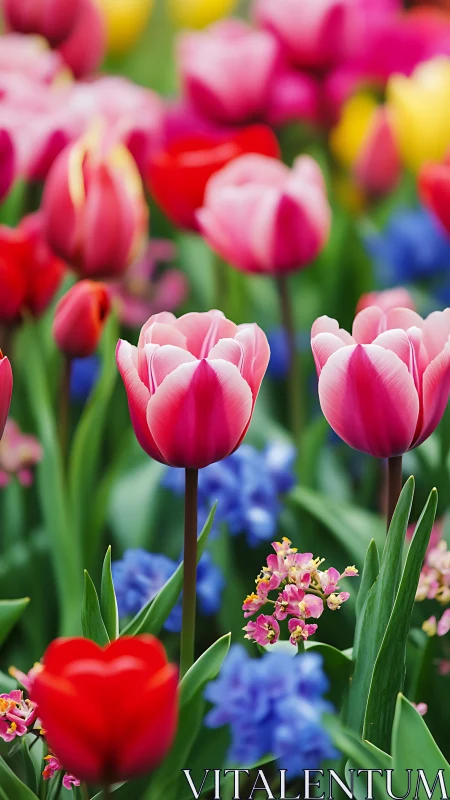 Vibrant Spring Garden with Blooming Tulips.