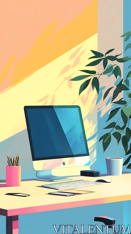 Minimal workspace desk with computer in pastel lighting.