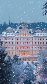 Snow-kissed pink grand hotel glowing through winter hush.
