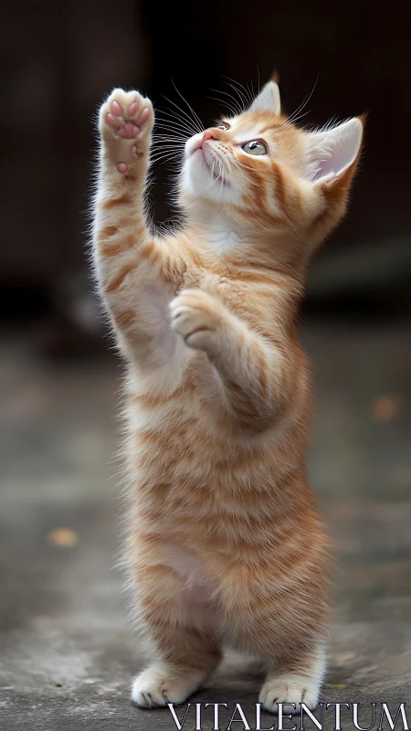 Orange kitten reaches upward with raised paw and wondering expression.