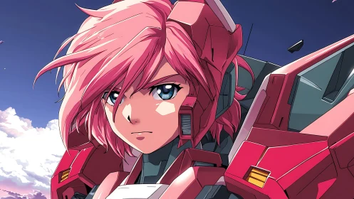 Pink haired pilot in red mecha armor against sky backdrop.