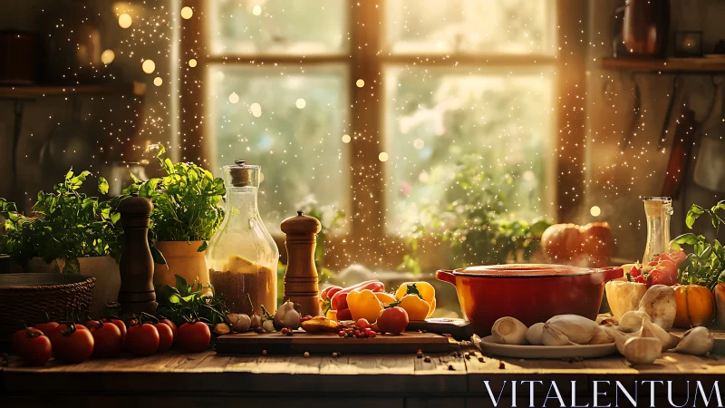 Rustic kitchen still life with herbs, tomatoes, steam and bokeh glow.