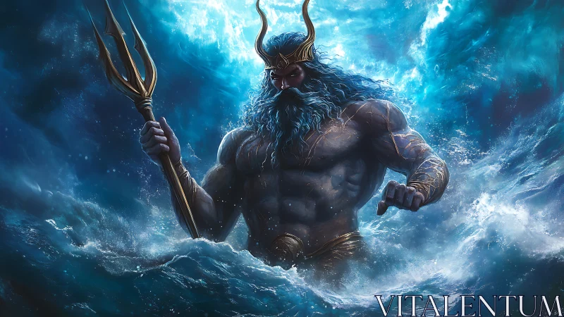 Stormlit sea god rises in glowing waves and swirling power