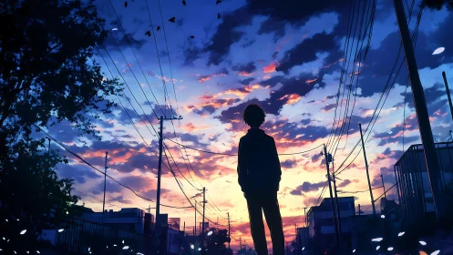 Silhouetted youth beneath electric sunset skyscape.