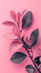 Pink botanical branch contrasts with monochrome leaves.