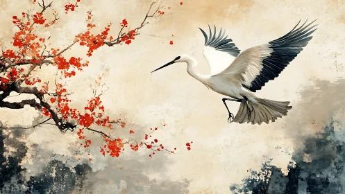 Crane in Flight Above Crimson Cherry Blossoms