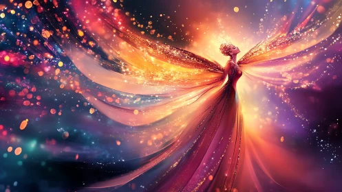 Ethereal winged figure erupts in radiant chromatic light arcs