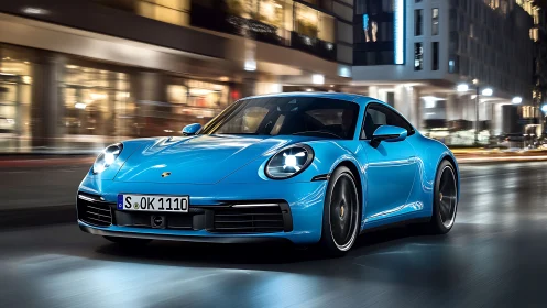 Blue sports coupe cuts through vibrant night city streets.