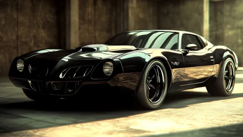 Midnight muscle coupe shimmering under warehouse sunlight.