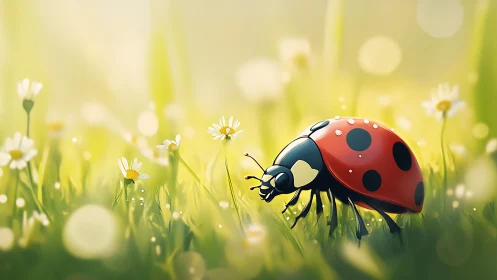 Ladybug on grass among daisies in soft spring light.