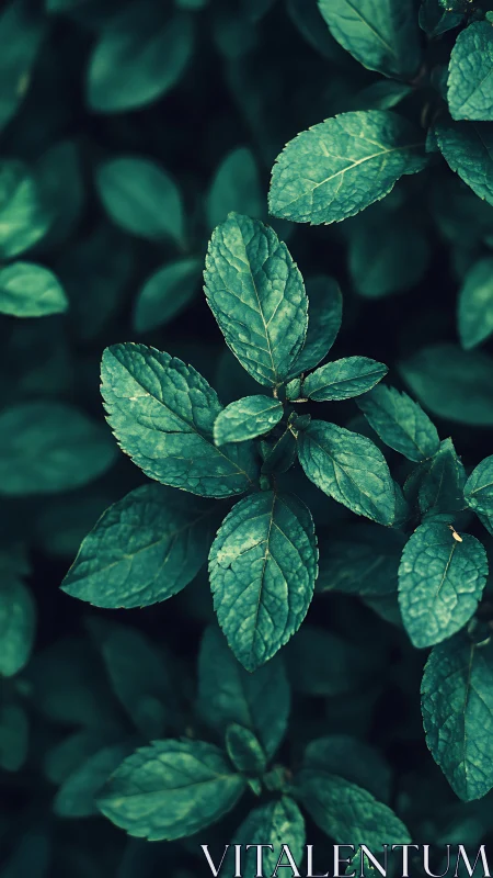 Moody macro study of textured mint foliage in teal tones.